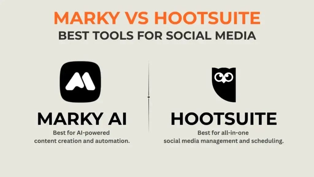 A comparison of Marky AI and Hootsuite, two of the best AI social media automation tools.