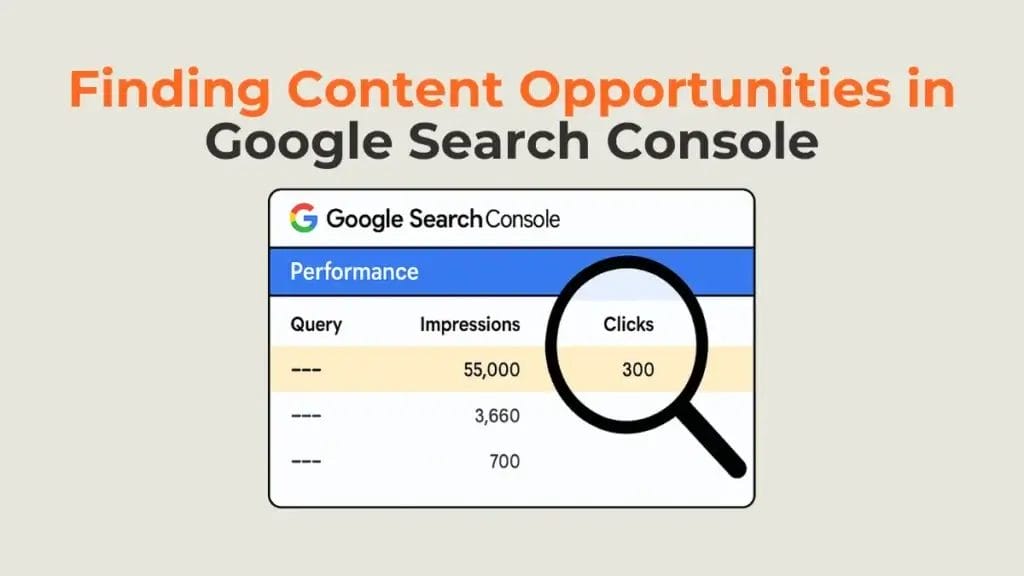 A visual demonstrating how to find Google Search Console content ideas in the Performance report. 