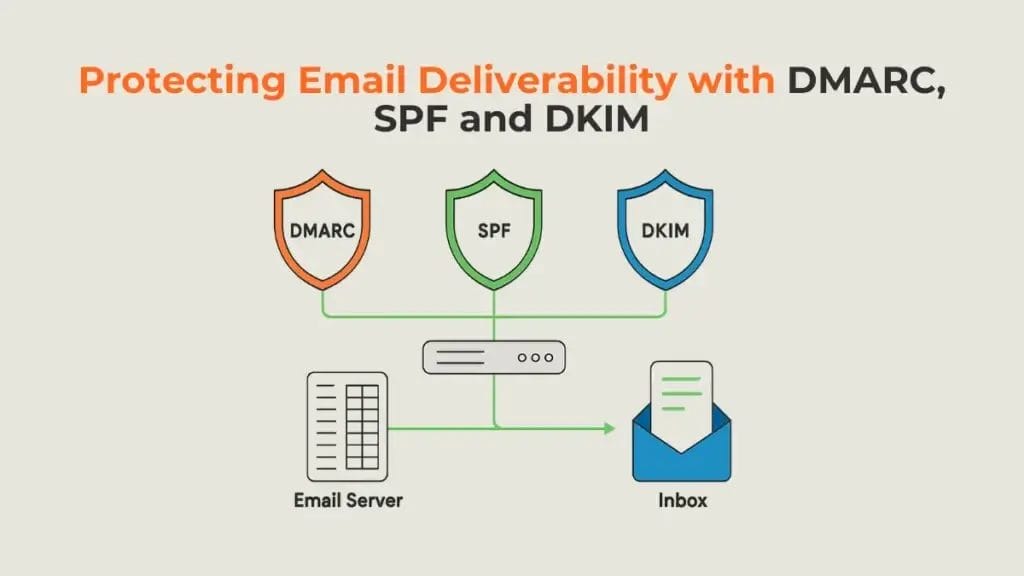 A visual showing the importance of DMARC, SPF, and DKIM for email authentication and deliverability.