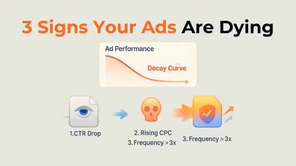 An infographic diagnosing ad performance drop and creative fatigue in ads with clear visual signs.