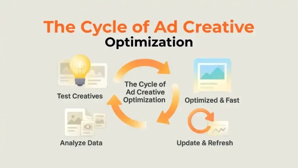 An infographic showing the cyclical process of ad creative optimization.