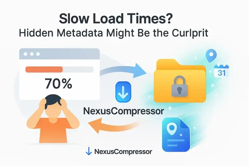 An infographic showing common problems like slow website load time images and image metadata privacy risks. 