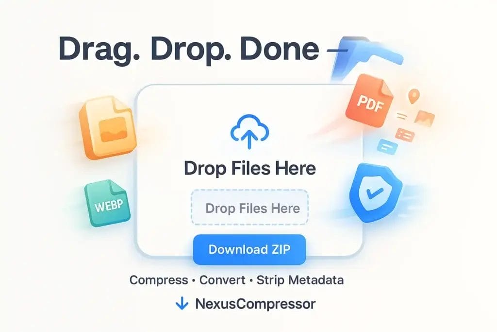 An infographic showing the easy drag-and-drop process to use the free online image compressor NexusCompressor. 